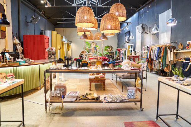 Boutique store with decorative pendant lighting over checkout counter